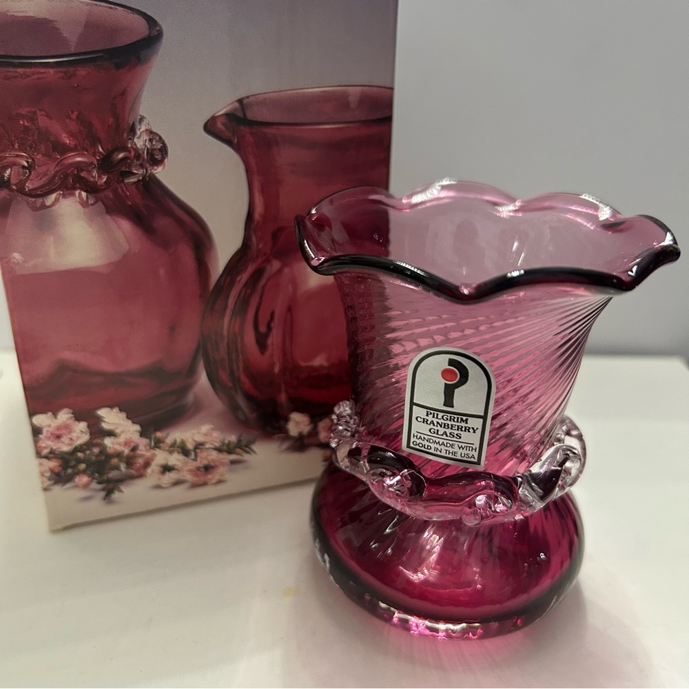 Vintage Pilgrim Vase Cranberry Swirl Handblown Glass with Original Box